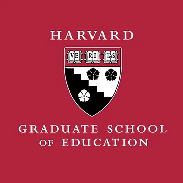 Harvard Graduate School of Education logo with a shield featuring the word "VERITAS" on book spines and three black flowers on a red background.