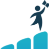 A figure of a person stands triumphantly on a series of blue steps, holding a trophy high above their head. The background is simple and colorful, emphasizing the sense of achievement and celebration.